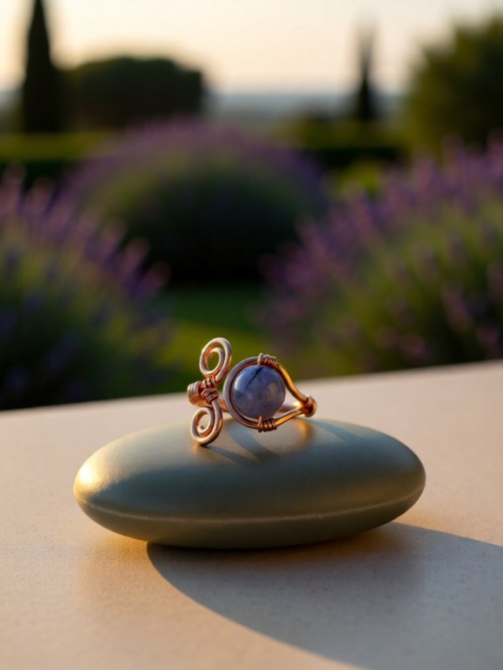 Hand Crafted! Feminine Copper Wire Ring w. Purple/Gray Agate - Adjustable Sz 6-7